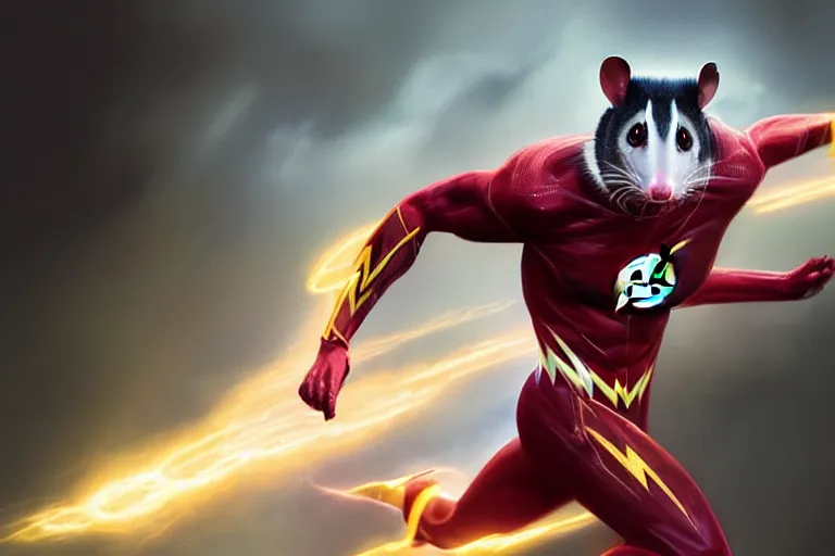 Image similar to a stunning digital painting of a opossum as the flash in spandex costume, running in the speedforce by greg rutkowski, volumetric light, digital art, fine detail, photorealistic