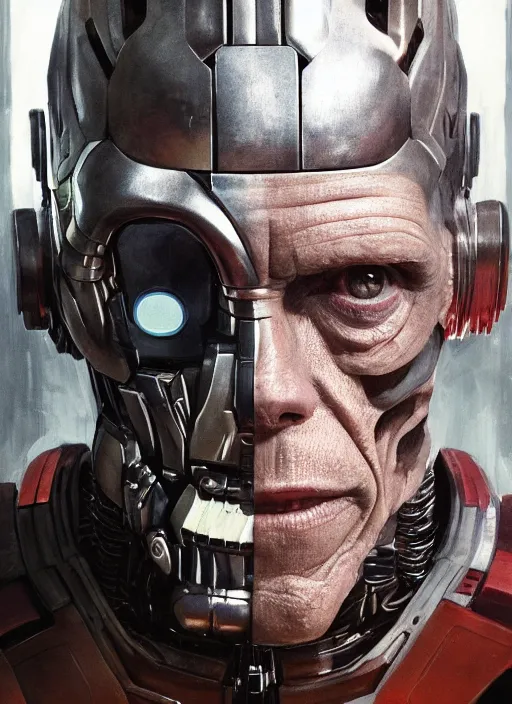 Image similar to portrait of willem dafoe as tinman, cyborg, borg, android, strogg, face of a man, robocop, cable, victor stone, ultron, terminator, machine, flesh, quake, doom demon, wolfenstein, monster, symmetry, symmetrical, concept art by ruan jia and greg rutkowski