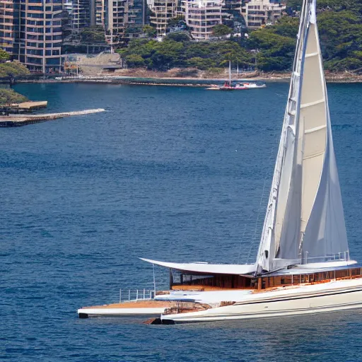 Prompt: frank lloyd wright designed sailing yacht seen in sydney harbor, telephoto, high resolution, highly detailed, intricate, beautiful, picturesque