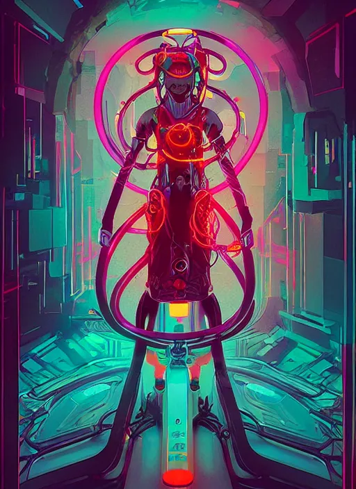 Prompt: character design, cyberpunk nezha resurrected in mechanical lotus, concert poster retro, conrad roset, greg rutkowski, flume cover art