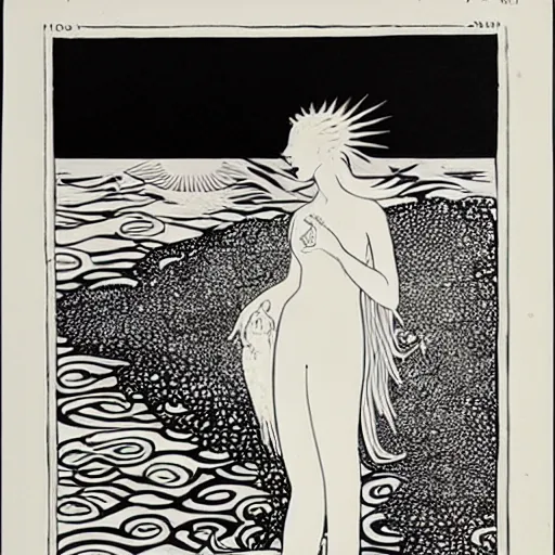 Prompt: blazing sun, water flowing moon byaubrey beardsley