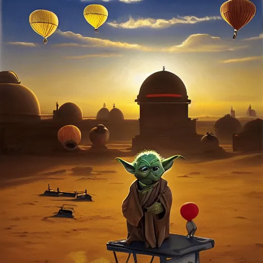 Image similar to eye - level view, shot from 5 0 feet distance, baby yoda plays is on a seesaw fund city playground on tatooine. a bunch of balloons are on sale in the background. depth, dramatic clouds, setting sun. golden hour, oil on canvas painting, detailed, depth, volume, chiaroscuro, quiet intensity, serene.