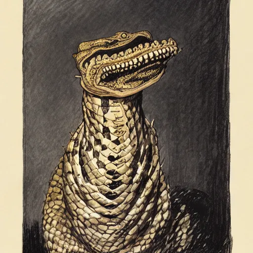 Image similar to coiled rattlesnake neck eyes fangs serpent serpent python wearing a lion lion costume neck tall long snake viper j.m.w. turner greg rutkowski giorgio de chirico william merritt chase ralph steadman arsen savadov dan witz uta natsume aquatint