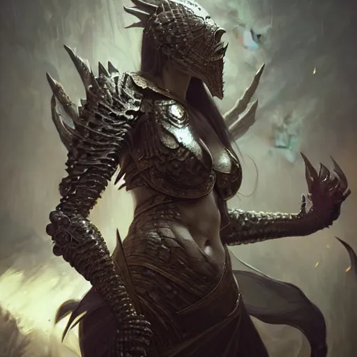 Image similar to female armored demon lord, ultra realistic, concept art, intricate details, eerie, highly detailed, photorealistic, octane render, 8k, unreal engine, art by artgerm and greg rutkowski and alphonse mucha