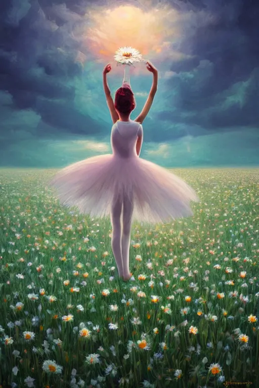 Image similar to giant white daisies flower as head, girl ballet dancing in a flower field, surreal photography, sunrise, dramatic light, impressionist painting, colorful clouds, digital painting, artstation, simon stalenhag