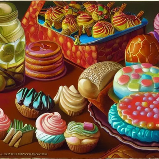 Prompt: painting of fancy pastel baroque sweets by greg hildebrandt