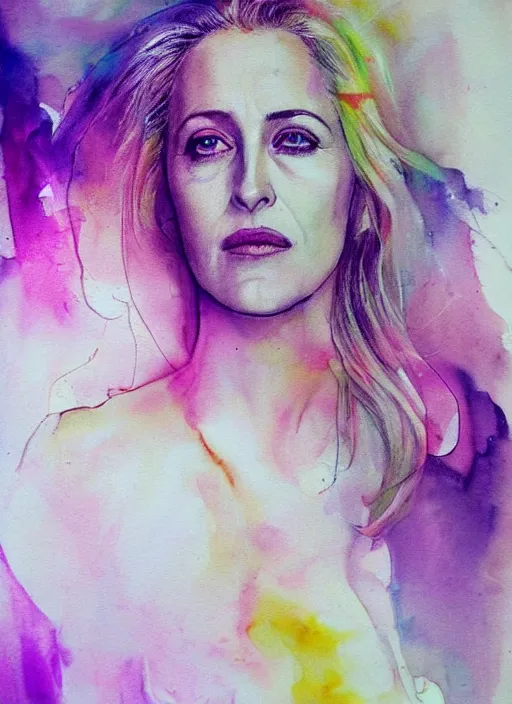 Prompt: gillian anderson by agnes cecile pastel light colours ink drips autumn lights