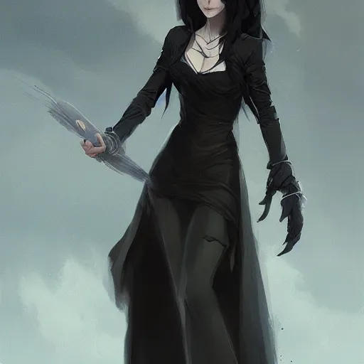 Image similar to female human vampire witch in the style of greg rutkowski, makoto shinkai, trending on artstation, character design, concept art, pretty face, highly detailed, long black hair, portrait, digital art