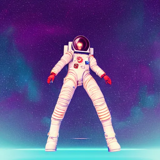 Image similar to A wide angle shot from below of a female astronaut with a feminine body walking with swagger towards camera on mars in an infinite universe , synthwave digital art