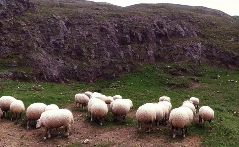 Image similar to “sheep, following other sheep, jumping off a cliff”