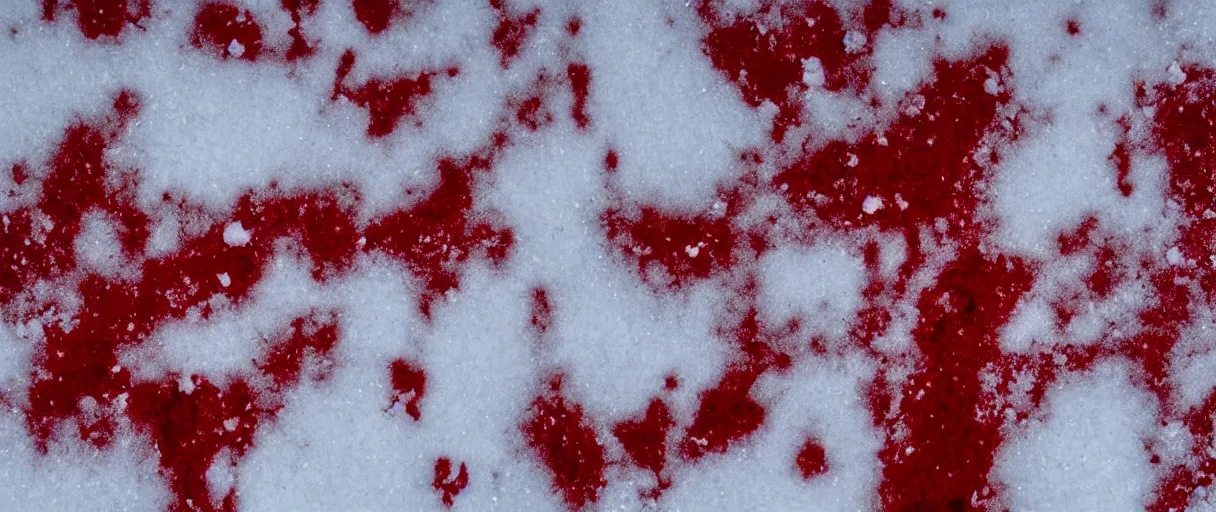 Image similar to top view extreme closeup movie like 3 5 mm film photograph of blood splattered onto the snow in antarctica at night, very dimly lit, in the style of macro photography