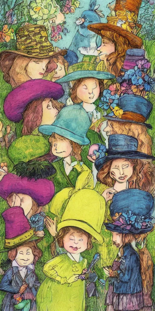 Prompt: an easter parade greeting card scene with women in hats by alexander jansson, joel fletcher, owen klatte, angie glocka, justin kohn, maurice sendak. easter color palette.