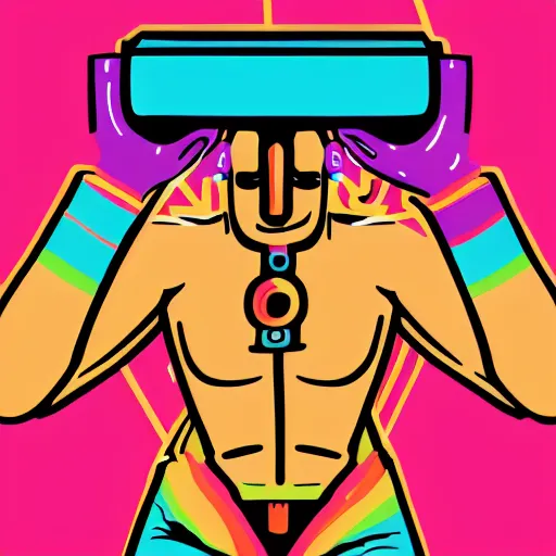 Image similar to wrestlers wearing vr headsets, vr goggles, shrugging, shrugging arms, intricate complexity, inverted neon rainbow drip paint, trending on art station, digital illustration by tom whalen