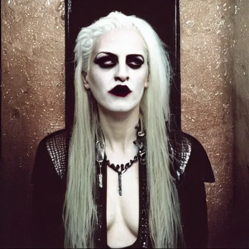 Prompt: a woman with white hair and makeup in a bathroom, an album cover by nan goldin, tumblr, international gothic, goth, antichrist, gothic