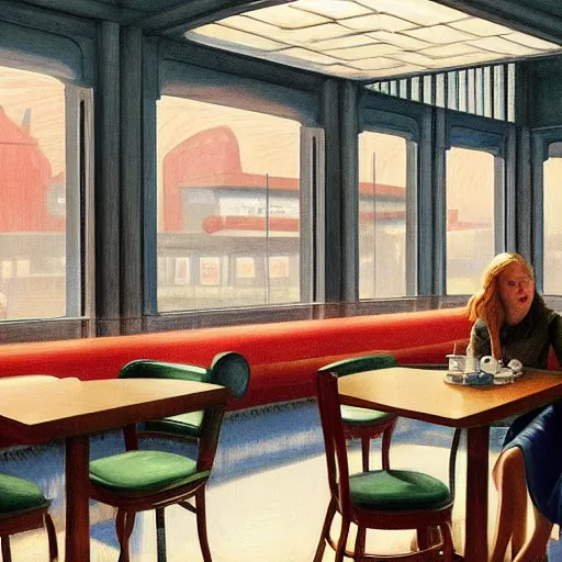 Image similar to Elle Fanning alone in a diner in the world of Edward Hopper, stormy weather, extremely detailed masterpiece, oil on canvas, low-key neon lighting, artstation, Blade Runner 2049, Roger Deakin’s cinematography, by J. C. Leyendecker and Peter Paul Rubens,