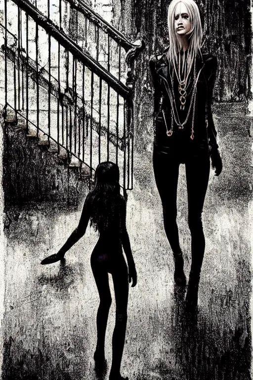 Prompt: dreamy gothic girl, black leather slim clothes, chains, wet hall stairs, beautiful body, detailed acrylic, grunge, intricate complexity, by dan mumford and by alberto giacometti, peter lindbergh