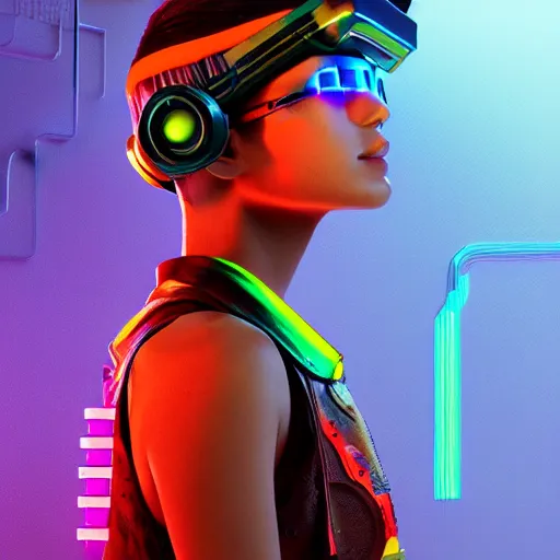 Prompt: stunning 3d render of young explorer wearing a cyberpunk headpiece, octane render, very colourful, vibrant, amazing details, by gouuie