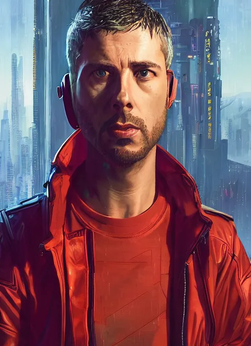 Image similar to cyberpunk character wearing jumpsuit and red jacket and cyberpunk headset. ( blade runner 2 0 4 9, dystopian, cyberpunk 2 0 7 7 character design ). attractive face. portrait by james gurney and laurie greasley, oil on canvas. cinematic, hyper realism, realistic proportions, full view, dramatic lighting, high detail 4 k