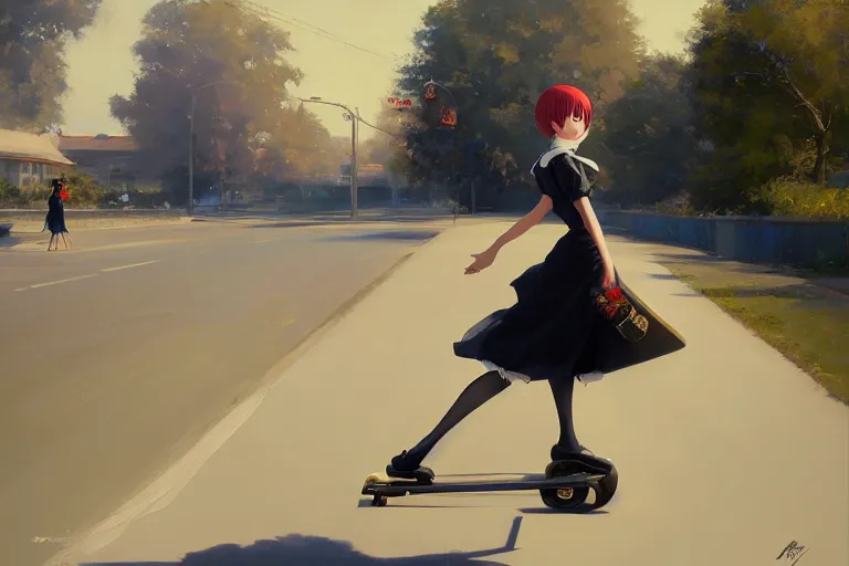 Image similar to A ultradetailed beautiful panting of a stylish woman in a maid outfit skateboarding, Oil painting, by Ilya Kuvshinov, Greg Rutkowski and Makoto Shinkai