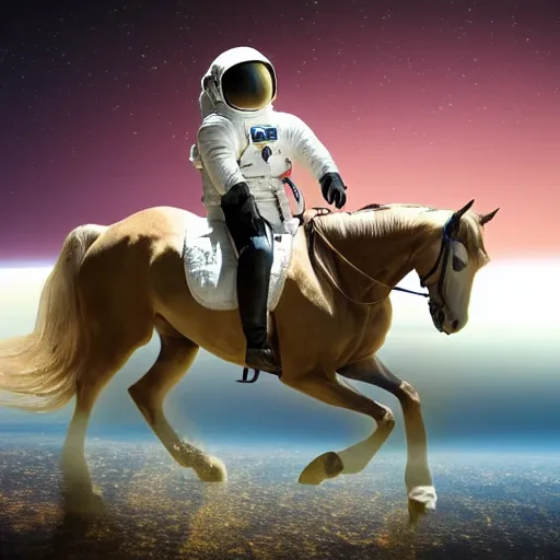 Prompt: photo of an astronaut riding a horse in space, realistic