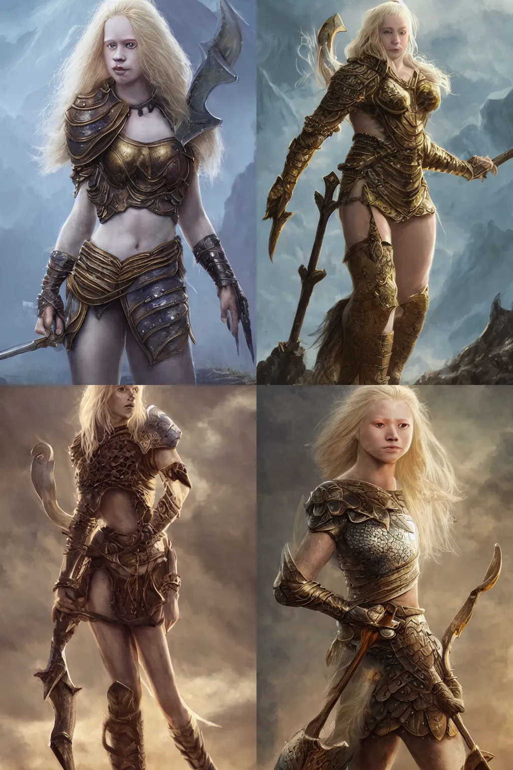 Prompt: full - body shot of a courageous, hopeful, strong young female warrior with shoulder - length golden hair, freckles, and no makeup, wearing chain mail and wielding a halberd, an albino hawk perched on her shoulder, establishing shot, trending on artstation, digital matte painting, professional art, cgsociety, artgerm, d & d