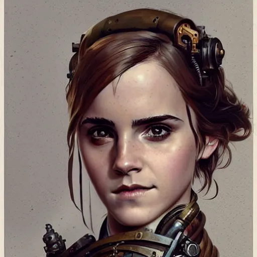 Image similar to Emma watson as a steampunk engineer, intricate, highly detailed, digital painting, artstation, concept art, sharp focus, illustration, art by greg rutkowski and alphonse mucha