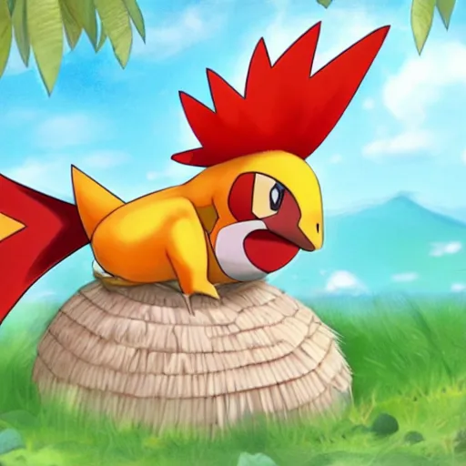 Prompt: A pokemon that looks like a coconut, which splits in half into wings,The rooster hides inside and sticks his head out to peek，Trending on art station. Unreal engine.