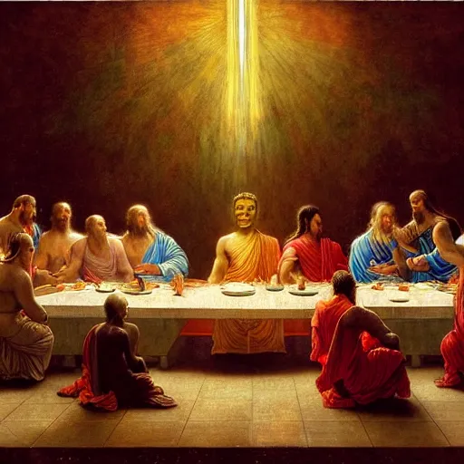 Image similar to buddha explaining the universe in last supper painting by gaston bussiere, craig mullins, j. c. leyendecker, lights, art by ernst haeckel, john william godward, hammershøi,,