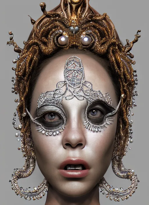 Image similar to hyperrealism, detailed textures, award winning autochrome photo, symetrical africanpearl old screaming medusa queen autochrome pearl portrait, pearl silverplate, intricate, detailed facial pearl scary animal mask, pearl, golden jewelery, silverplate, ultra realistic, cinematic, intricate, cinematic light by steve mccurry, unreal engine 8 k