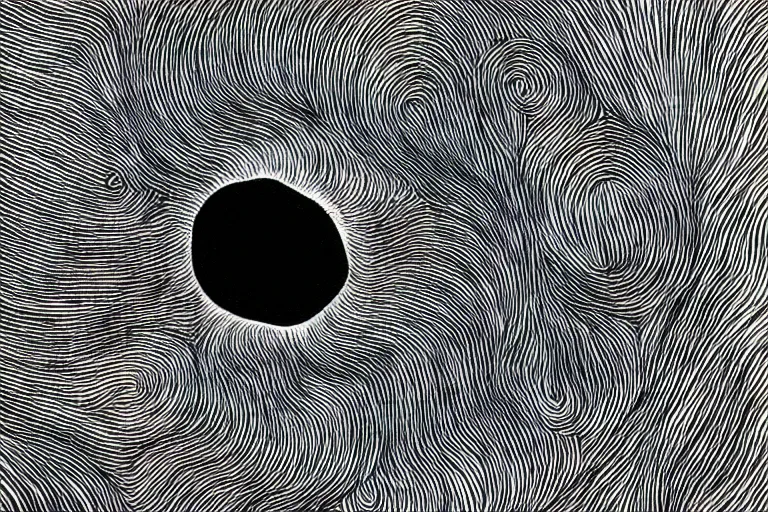 Image similar to pomeranian looking into a giant swirling black hole, black and white, botanical illustration, black ink on white paper, bold lines