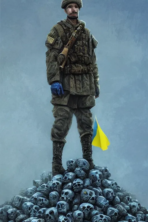 Image similar to a distant shot of a Ukrainian Modern Warfare soldier with blue and yellow flag standing alone on a pile of skulls as a winner, masculine figure, D&D, fantasy, intricate, elegant, highly detailed, hyperrealistic, extremely detailed, digital painting, artstation, concept art, matte, sharp focus, symmetrical, illustration, art by Artgerm and Greg Rutkowski and Alphonse Mucha