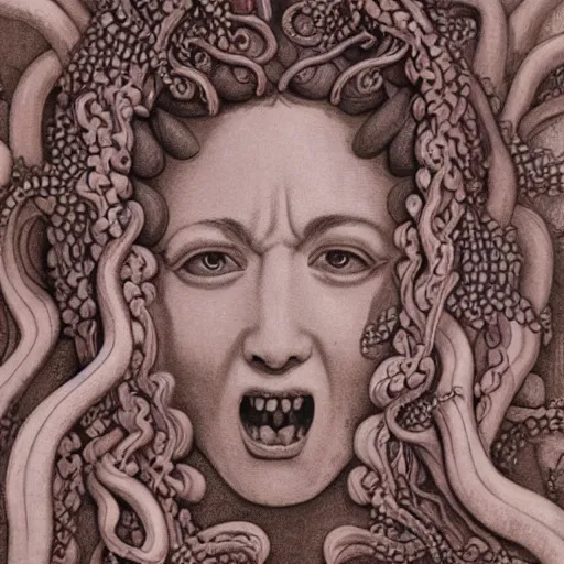 Image similar to detailed, portrait of medusa, screaming, surrounded by lotus flowers and geometry