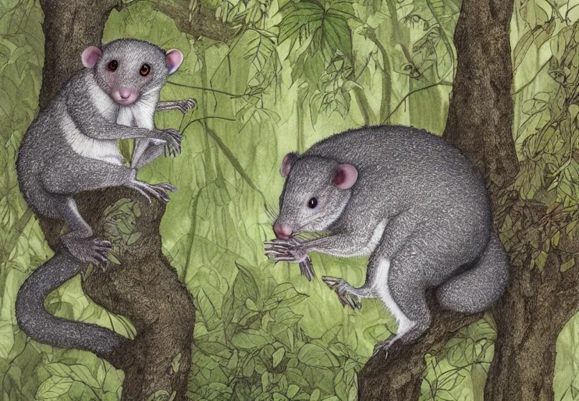 Image similar to humanoid possum hidden in the forest, colorized, highly detailed, 4k, trending on Artstation, award-winning, art by Maurice Sendak