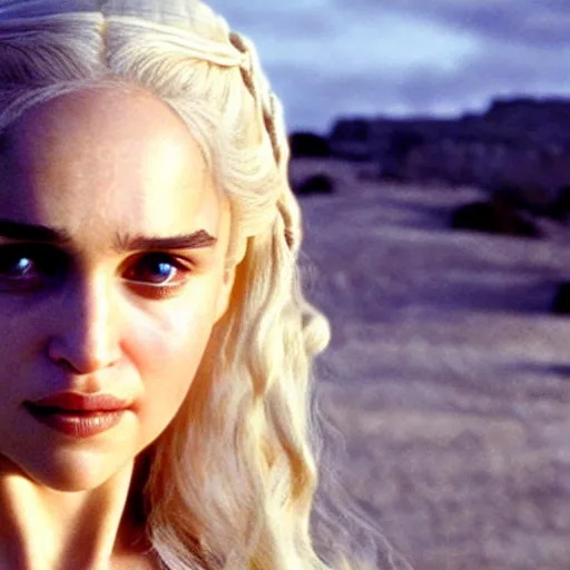 Image similar to a selfie of daenerys targaryen played by a young natalie portman, smooth skin, purple eye color, ethereal beauty, medium shot, detailed eyes, vivid, golden hour