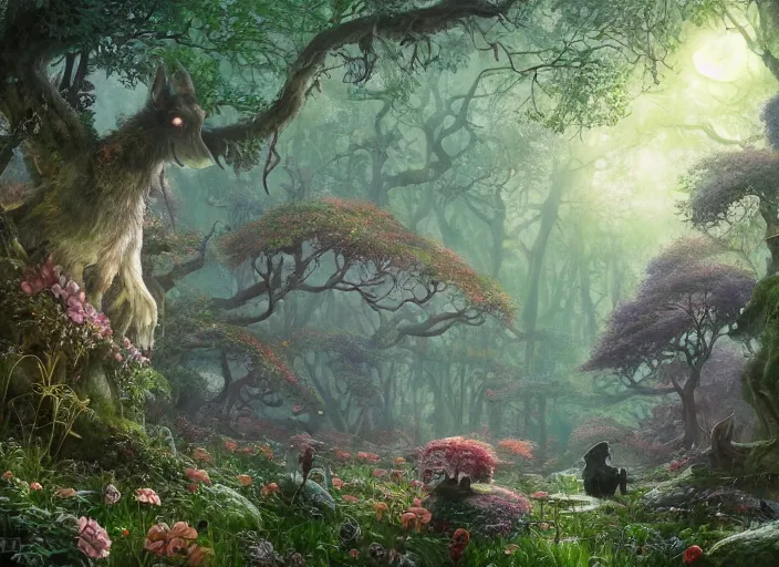 Image similar to desktop background, magical fantasy forest, centaur, path traced, highly detailed, high quality, digital painting, by studio ghibli, lise deharme, alexander jansson, paul lehr, tim white, hans zatzka, henriette ronner - knip, george stubbs, louis wain