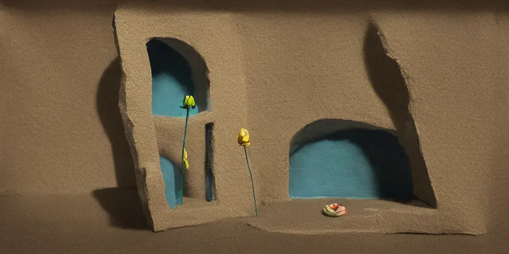 Prompt: plasticine sculpture stop motion. john craxton. salvador dali clay models. visitor. shadows. gallery painting of flower. water floor. room with a hole in wall. high detail. photorealistic