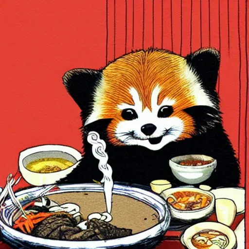 Image similar to anthropomorphic red panda eating ramen, anime by Katsuhiro Otomo