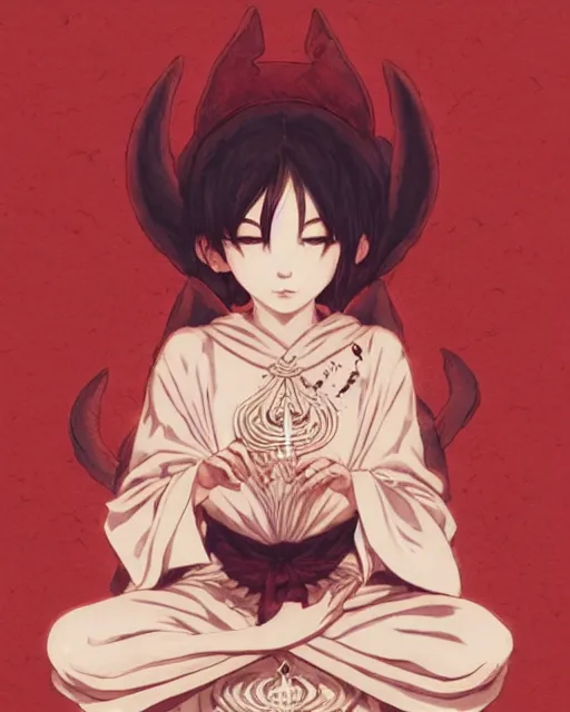 Prompt: a tiny adorable demon meditating, wrapped in sacred parchment with glowing text, smooth, intricate, elegant, digital painting, artstation, power runes, pulsing energy, concept art, sharp focus, octane render, illustration, art by takato yamamoto, overwatch character,