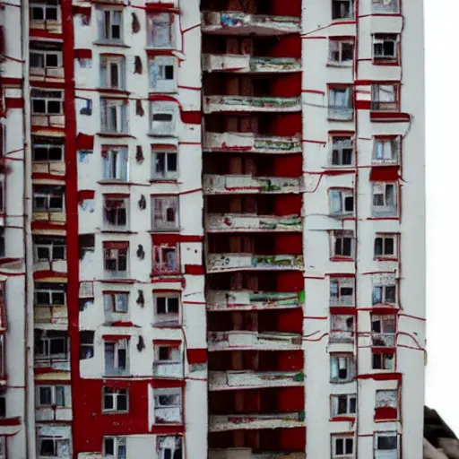 Prompt: figurine of small soviet apartment building, light is on windows