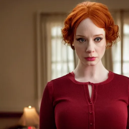 Image similar to a very surprised looking beautiful Christina Hendricks r in the living room, film still from the movie directed by Denis Villeneuve , wide lens