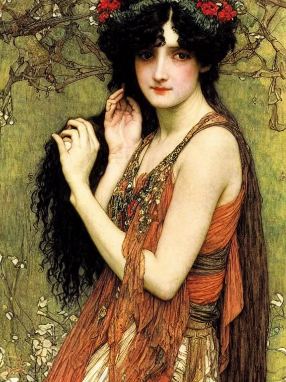 Prompt: Beautiful black-haired Goddess. Extremely high detail, details, realistic, masterpiece, colorful. Portrait painting by Arthur Rackham, Eugene de Blaas, Frederic Leighton