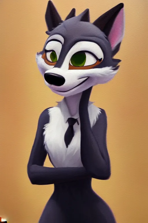 Image similar to oil painting of anthromorphic female wolf, in style of zootopia, female fursona, furry, furaffinity, 4 k, deviantart, furry art, fursona art, wearing black business suit, business suit, wolf fursona, female, smug expression,