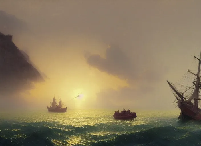 Prompt: A small quaint chinese junk in the dim yellow mist in the middle of a vast and expansive ocean, painting by Ivan Aivazovsky and Greg Rutkowski, artstation, fantasy, intricate, beautiful, cinematic, octane render, arnold render, 8k, hyper realism, detailed, sharp focus, 4k uhd, masterpiece, award winning