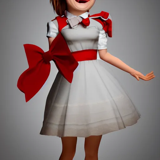 Prompt: a high quality photo of a girl wearing a skirt with red bow tie and smiling, render, ultra realistic, cgsociety