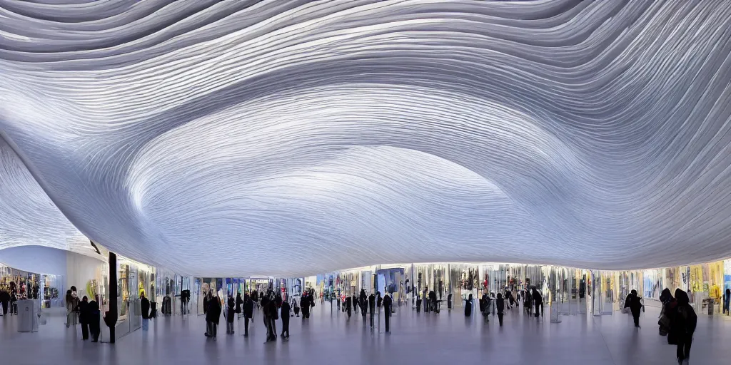 Prompt: extremely detailed awe ornate stunning beautiful futuristic smooth curvilinear elegant retail apple store interior by zaha hadid, translucent gills, stunning volumetric light, stainless steel, concrete, translucent material, beautiful sunset, hyper real, 8 k, colorful, 3 d cinematic volumetric light, atmospheric light