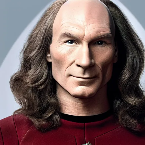 Prompt: captain picard with shoulder length wavy hair, long hair, hair stylist photo