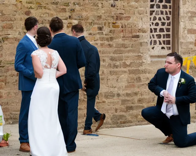 Prompt: a bride and groom get married at a crime scene, wedding photography