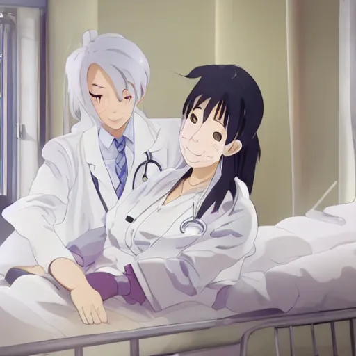 Prompt: a cute and beautiful young female doctor wearing white coat are taking care of an old patient on a bed in a hospital ward, slice of life anime, lighting, anime scenery by Makoto shinkai