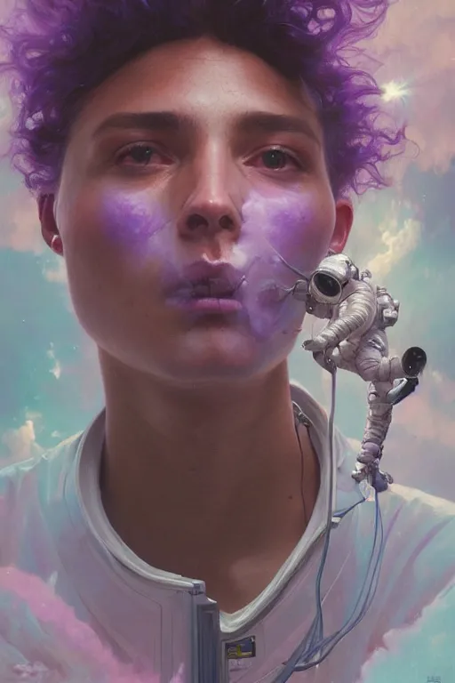 Prompt: A mystical mesmerizing 8k hyperrealistic Photo Portrait of an astronaut transforming into a purple haze, soft, sharp focus, detailed, art by Greg Rutkowski and artgerm and Alphonse Mucha