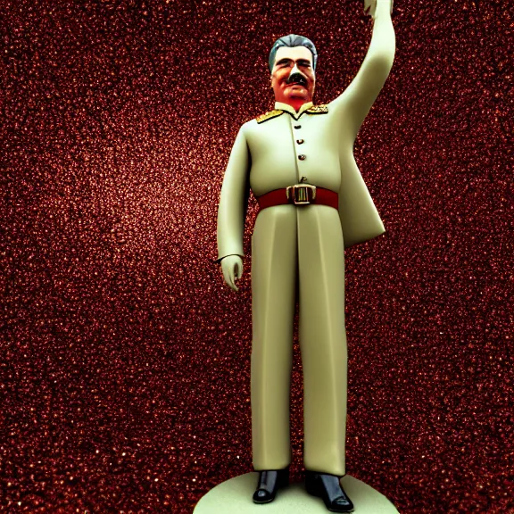 Image similar to stalin glitter plastic figurine commerical, white background, close angle, 3d render